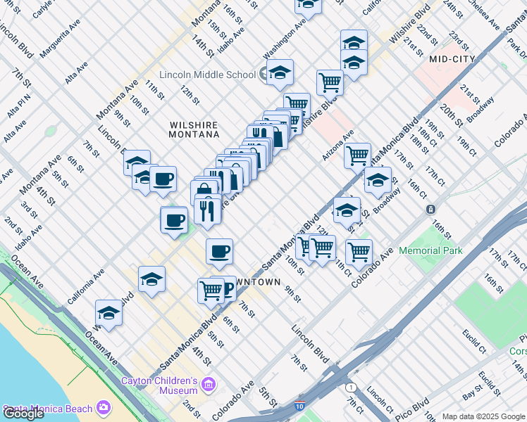 map of restaurants, bars, coffee shops, grocery stores, and more near 1252 11th Street in Santa Monica