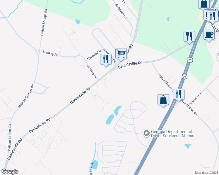 map of restaurants, bars, coffee shops, grocery stores, and more near 3050 Danielsville Road in Athens