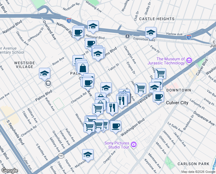 map of restaurants, bars, coffee shops, grocery stores, and more near 3662 Mentone Avenue in Los Angeles
