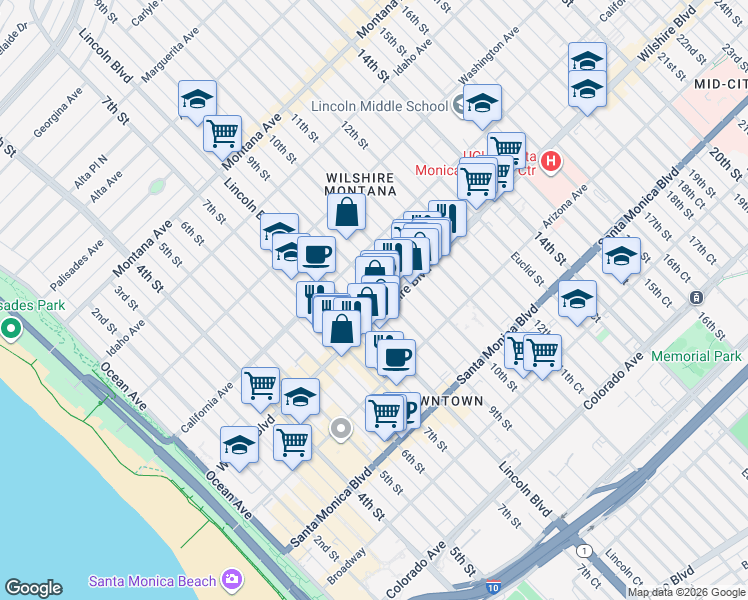 map of restaurants, bars, coffee shops, grocery stores, and more near 1148 9th Street in Santa Monica