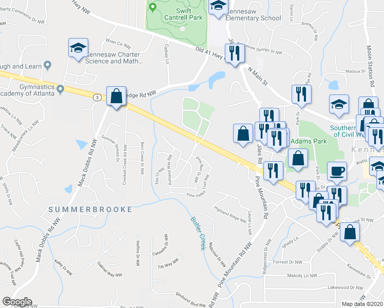 map of restaurants, bars, coffee shops, grocery stores, and more near 61 Hickory Knoll Trail Northwest in Kennesaw