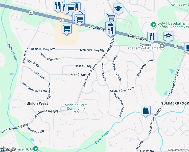 map of restaurants, bars, coffee shops, grocery stores, and more near 3443 Hogan Drive Northwest in Kennesaw