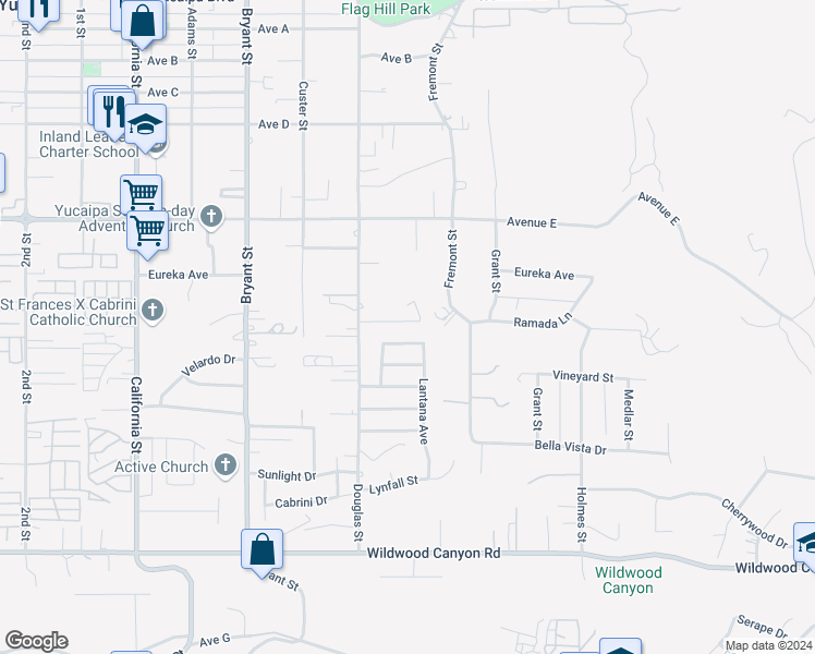 map of restaurants, bars, coffee shops, grocery stores, and more near 35585 Mountain View Lane in Yucaipa