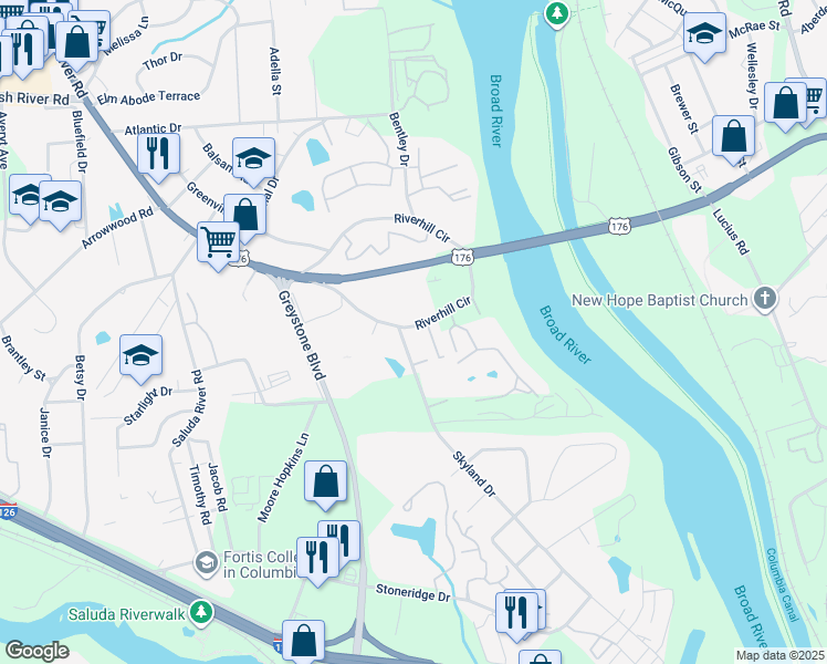 map of restaurants, bars, coffee shops, grocery stores, and more near 1100 Skyland Drive in Columbia