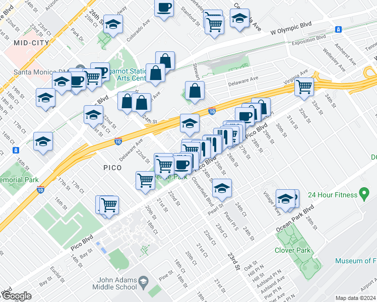 map of restaurants, bars, coffee shops, grocery stores, and more near 2345 Kansas Avenue in Santa Monica