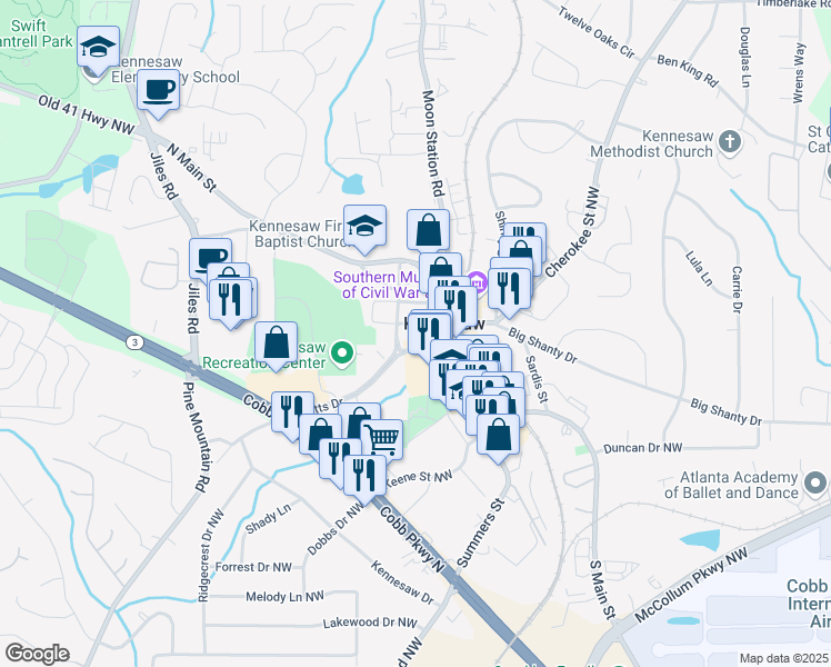 map of restaurants, bars, coffee shops, grocery stores, and more near 2539 J O Stephenson Avenue in Kennesaw
