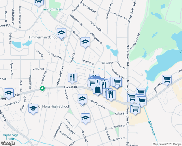 map of restaurants, bars, coffee shops, grocery stores, and more near 15 Creek Manor Lane in Columbia