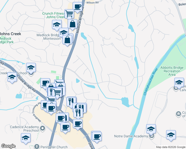 map of restaurants, bars, coffee shops, grocery stores, and more near 1030 Quaker Ridge Way in Duluth
