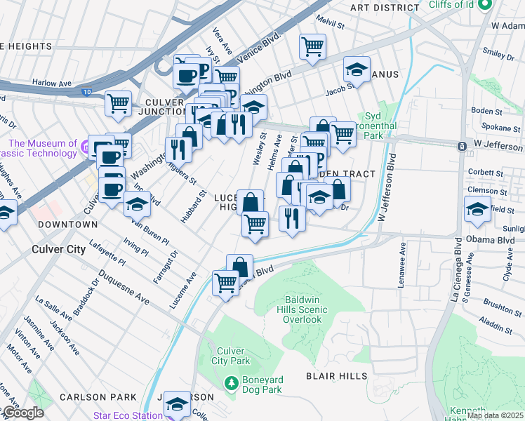 map of restaurants, bars, coffee shops, grocery stores, and more near 3648 Helms Avenue in Culver City