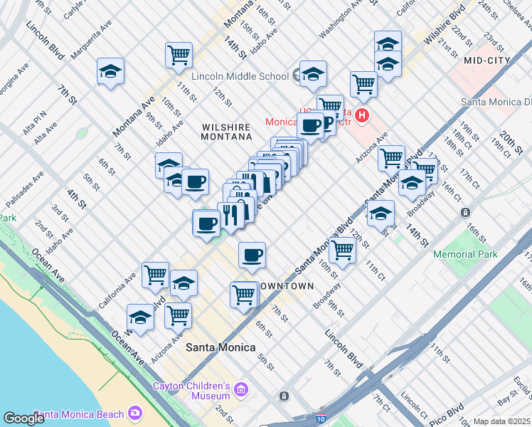 map of restaurants, bars, coffee shops, grocery stores, and more near 1212 10th Street in Santa Monica