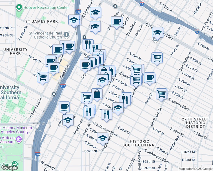 map of restaurants, bars, coffee shops, grocery stores, and more near 2801 South Main Street in Los Angeles