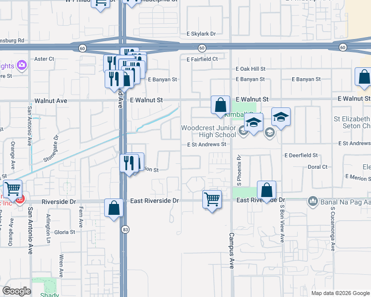 map of restaurants, bars, coffee shops, grocery stores, and more near 526 East Saint Andrews Street in Ontario