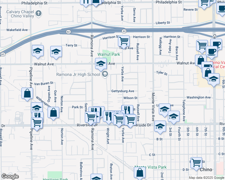map of restaurants, bars, coffee shops, grocery stores, and more near 12672 Thomas Place in Chino