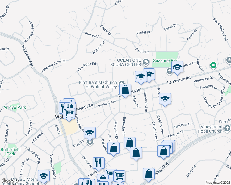 map of restaurants, bars, coffee shops, grocery stores, and more near 602 Lone Eagle Road in Walnut
