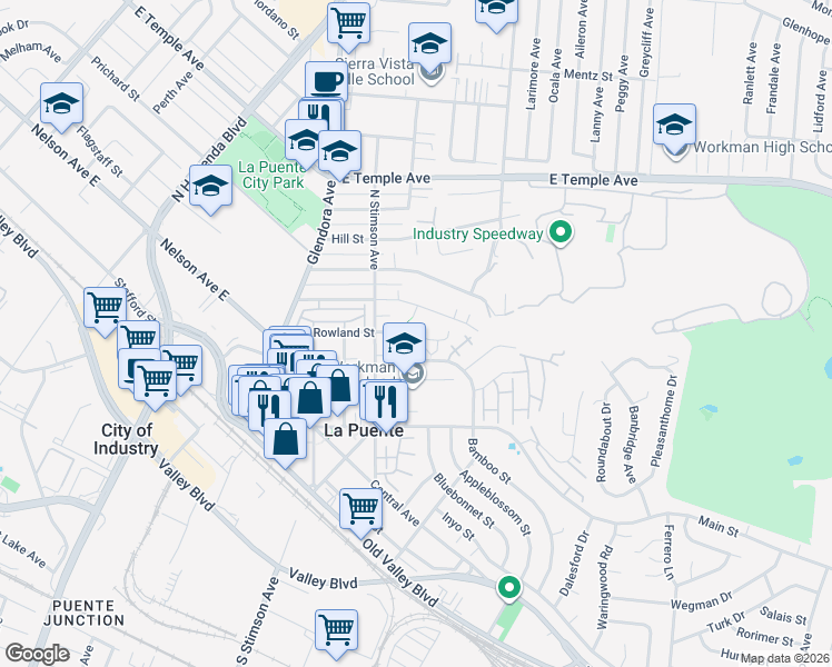 map of restaurants, bars, coffee shops, grocery stores, and more near 15960 Rowland Street in La Puente
