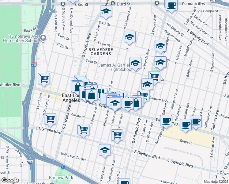 map of restaurants, bars, coffee shops, grocery stores, and more near 721 Fraser Avenue in East Los Angeles