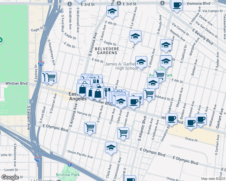 map of restaurants, bars, coffee shops, grocery stores, and more near 730 South Ferris Avenue in Los Angeles