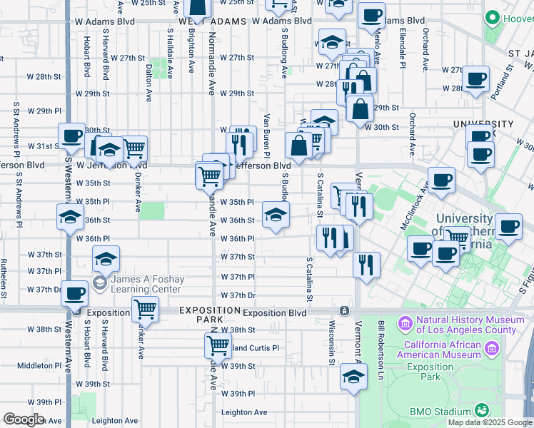 map of restaurants, bars, coffee shops, grocery stores, and more near 1301 West 36th Street in Los Angeles