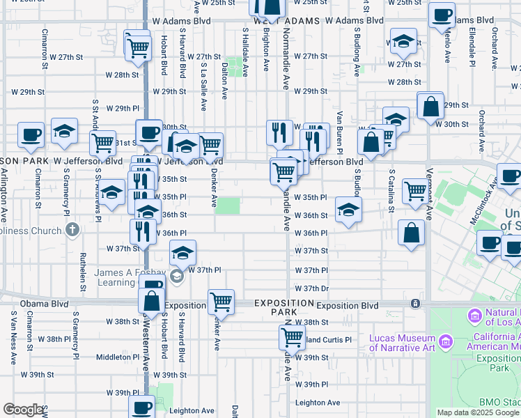 map of restaurants, bars, coffee shops, grocery stores, and more near 1461 West 36th Street in Los Angeles