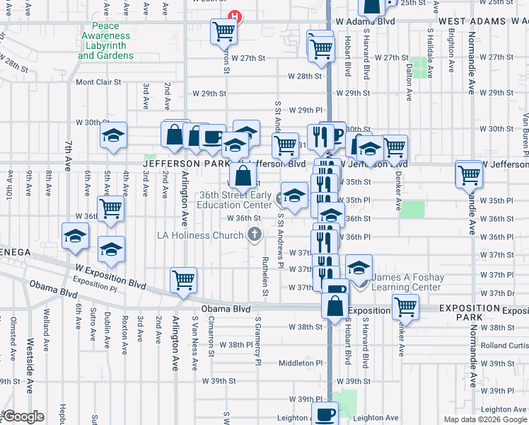 map of restaurants, bars, coffee shops, grocery stores, and more near 1815 West 36th Street in Los Angeles