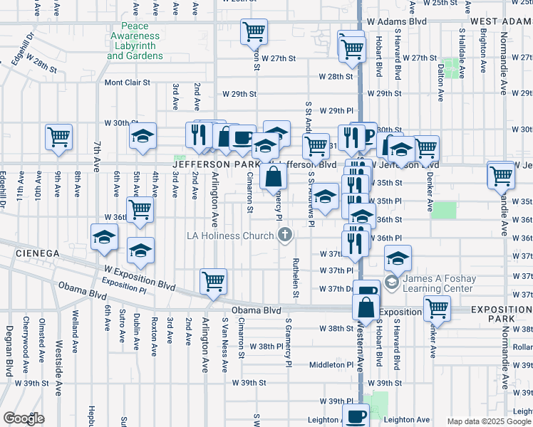 map of restaurants, bars, coffee shops, grocery stores, and more near 3571 South Gramercy Place in Los Angeles