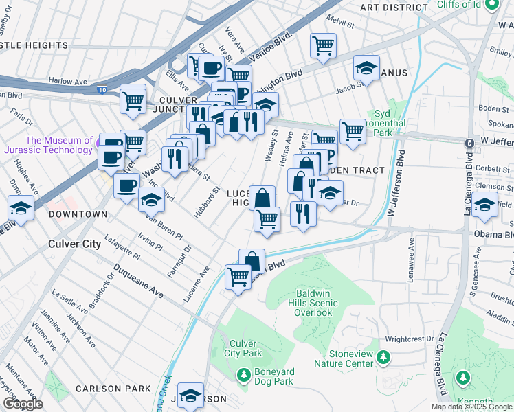 map of restaurants, bars, coffee shops, grocery stores, and more near in Culver City