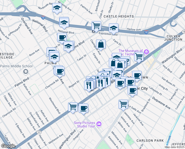 map of restaurants, bars, coffee shops, grocery stores, and more near 3718 Vinton Avenue in Los Angeles