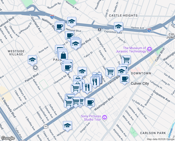 map of restaurants, bars, coffee shops, grocery stores, and more near 3662 Mentone Avenue in Los Angeles