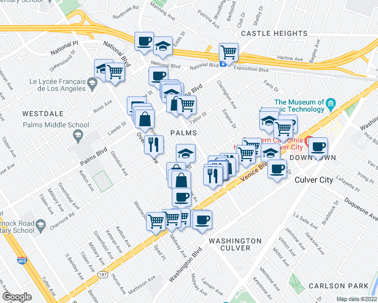 map of restaurants, bars, coffee shops, grocery stores, and more near 3662 Mentone Avenue in Los Angeles