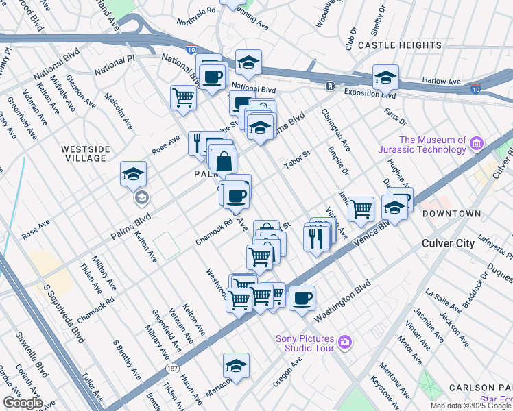 map of restaurants, bars, coffee shops, grocery stores, and more near 3636 Keystone Avenue in Los Angeles