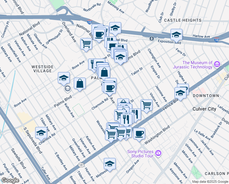 map of restaurants, bars, coffee shops, grocery stores, and more near 3614 Overland Avenue in Los Angeles