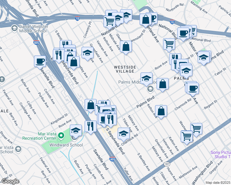 map of restaurants, bars, coffee shops, grocery stores, and more near 10974 Rose Avenue in Los Angeles