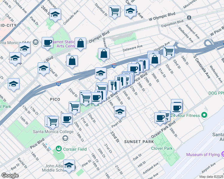 map of restaurants, bars, coffee shops, grocery stores, and more near 2501 Pico Boulevard in Santa Monica
