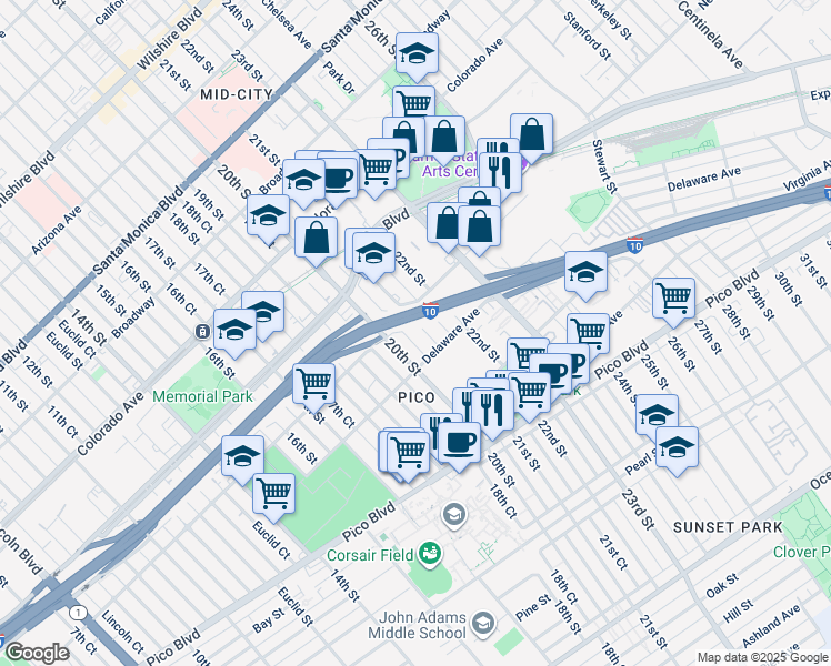 map of restaurants, bars, coffee shops, grocery stores, and more near 1837 21st Street in Santa Monica