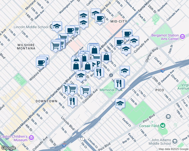 map of restaurants, bars, coffee shops, grocery stores, and more near 1412 Broadway in Santa Monica