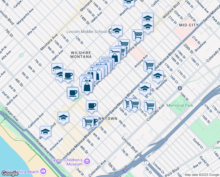 map of restaurants, bars, coffee shops, grocery stores, and more near 1247 10th Court in Santa Monica