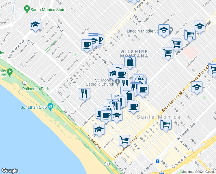 map of restaurants, bars, coffee shops, grocery stores, and more near 1033 6th Court in Santa Monica