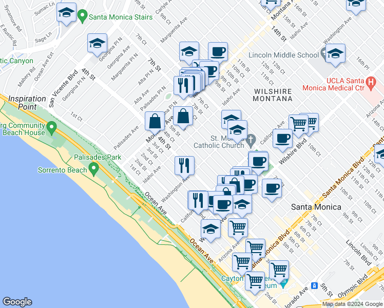 map of restaurants, bars, coffee shops, grocery stores, and more near 930 5th Street in Santa Monica