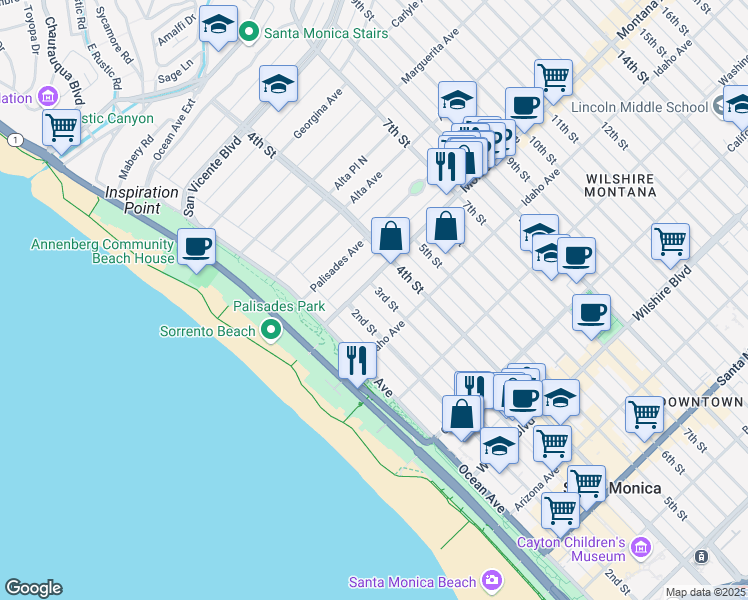 map of restaurants, bars, coffee shops, grocery stores, and more near 801 2nd Street in Santa Monica