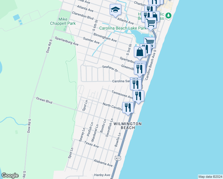 map of restaurants, bars, coffee shops, grocery stores, and more near 503 Tennessee Avenue in Carolina Beach