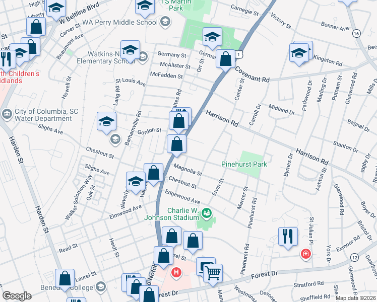 map of restaurants, bars, coffee shops, grocery stores, and more near 2605 School House Road in Columbia