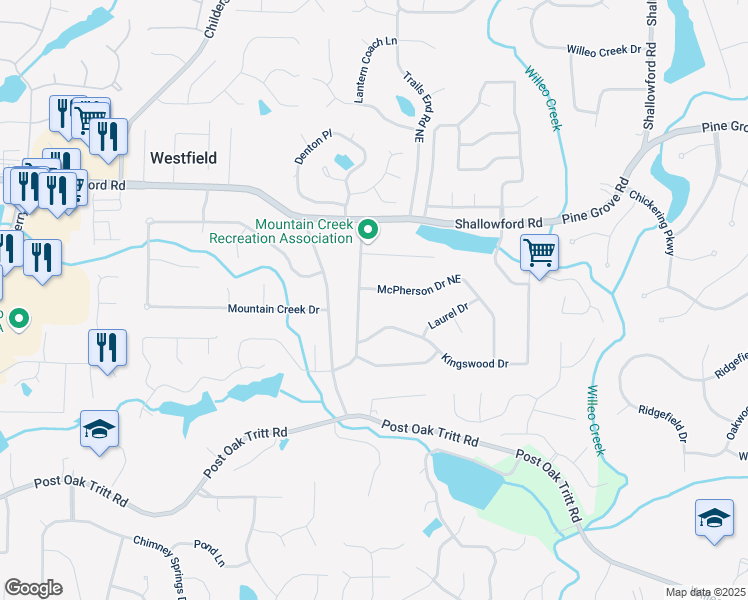 map of restaurants, bars, coffee shops, grocery stores, and more near 4842 McPherson Drive Northeast in Roswell