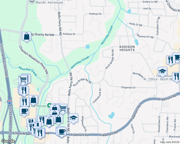 map of restaurants, bars, coffee shops, grocery stores, and more near 201 Vistawood Lane Northeast in Marietta