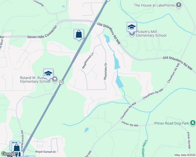 map of restaurants, bars, coffee shops, grocery stores, and more near 105 Maplewood Cove in Acworth