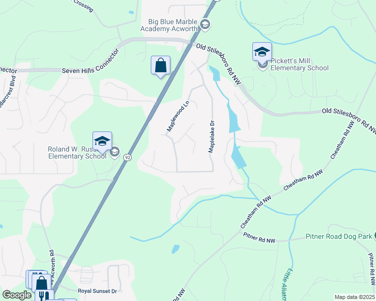 map of restaurants, bars, coffee shops, grocery stores, and more near 118 Maplewood Cove in Acworth