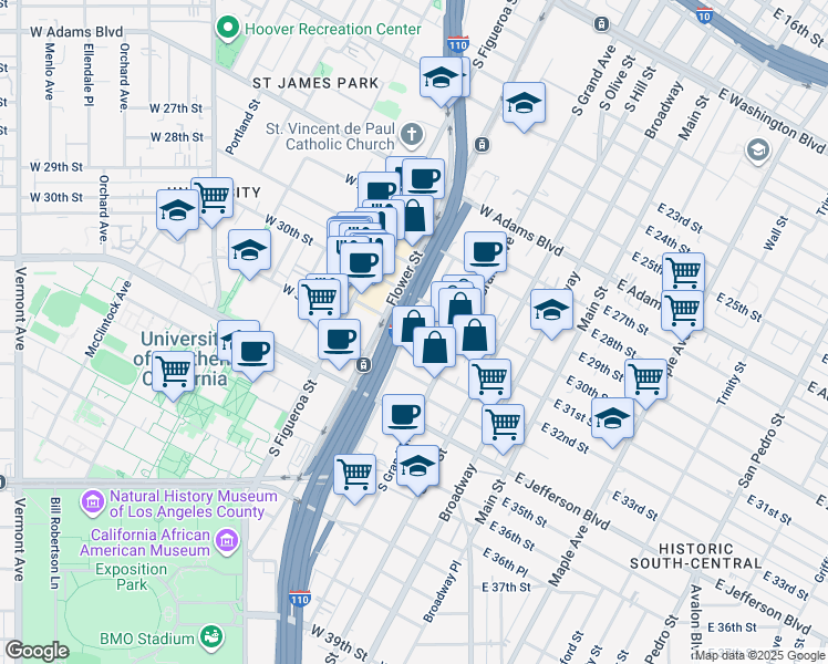 map of restaurants, bars, coffee shops, grocery stores, and more near 3100 South Hope Street in Los Angeles