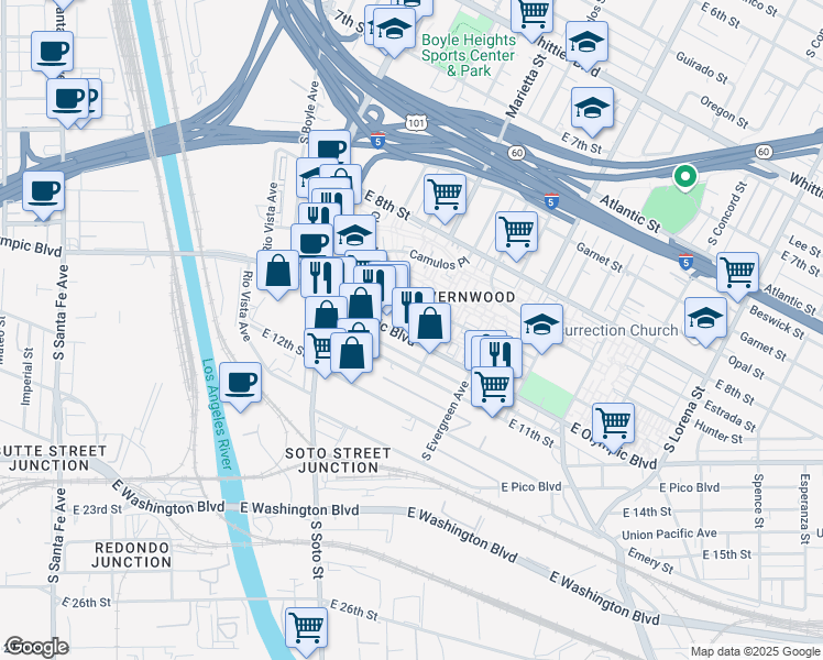 map of restaurants, bars, coffee shops, grocery stores, and more near 2855 East Olympic Boulevard in Los Angeles