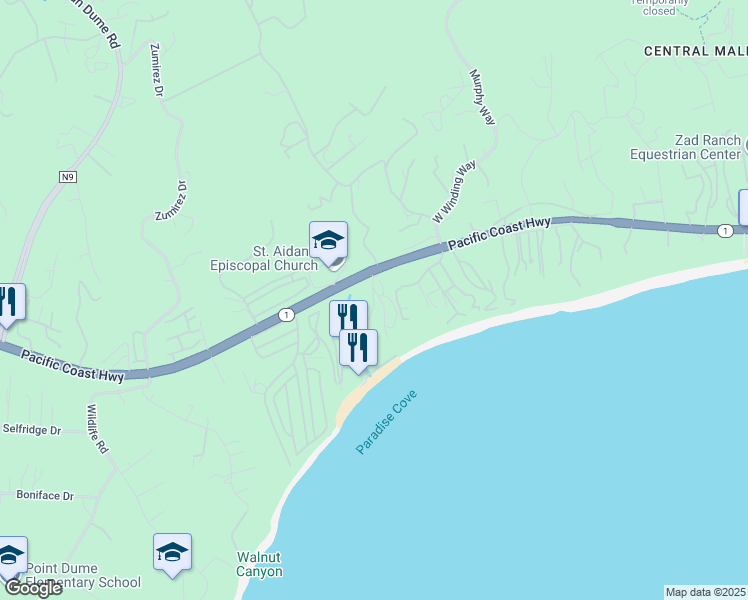 map of restaurants, bars, coffee shops, grocery stores, and more near 68 Paradise Cove Road in Malibu