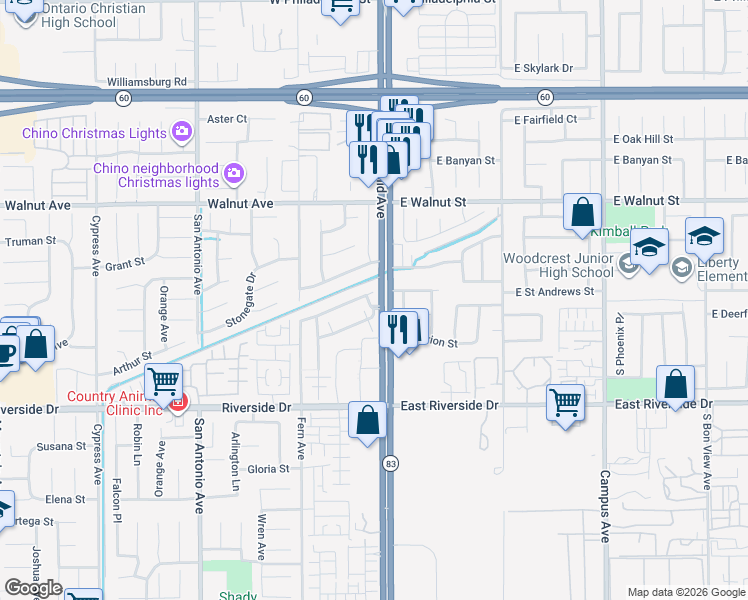 map of restaurants, bars, coffee shops, grocery stores, and more near 115 West Saint Andrews Street in Ontario