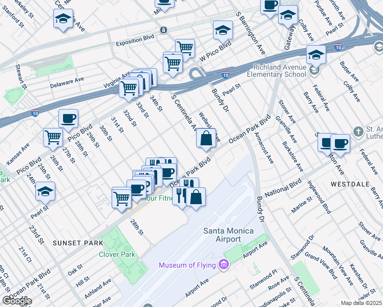 map of restaurants, bars, coffee shops, grocery stores, and more near 2664 34th Street in Santa Monica
